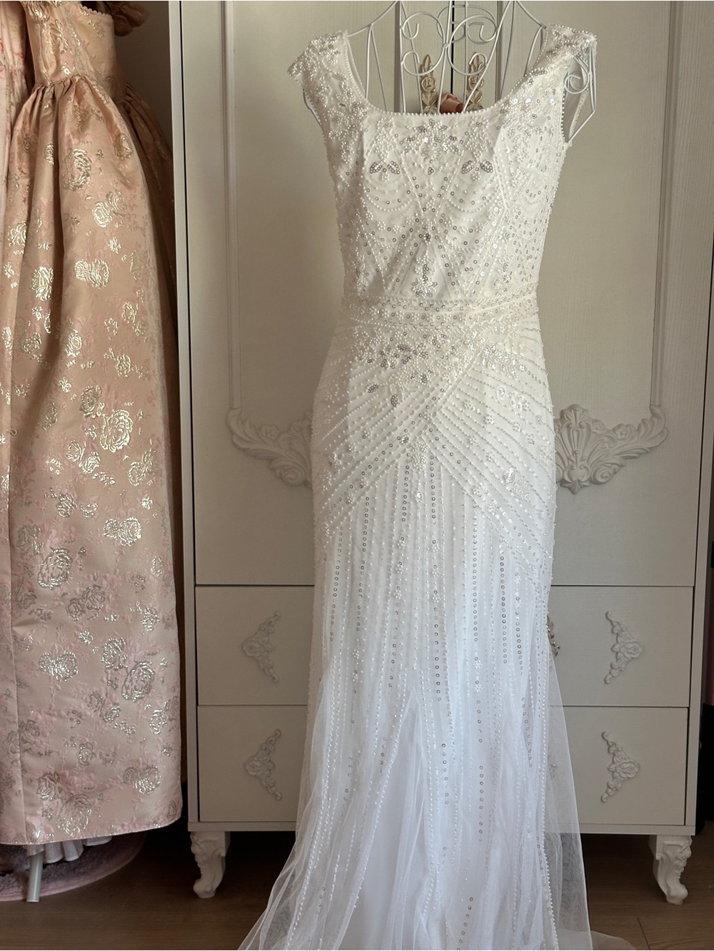 Beaded Ivory Cap-Sleeve Evening Dress babebeyond NWT